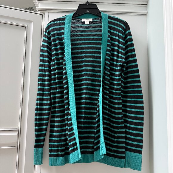 LOFT Striped Long Sleeve Open Front Cardigan, Size S, Teal & Black - Picture 1 of 8